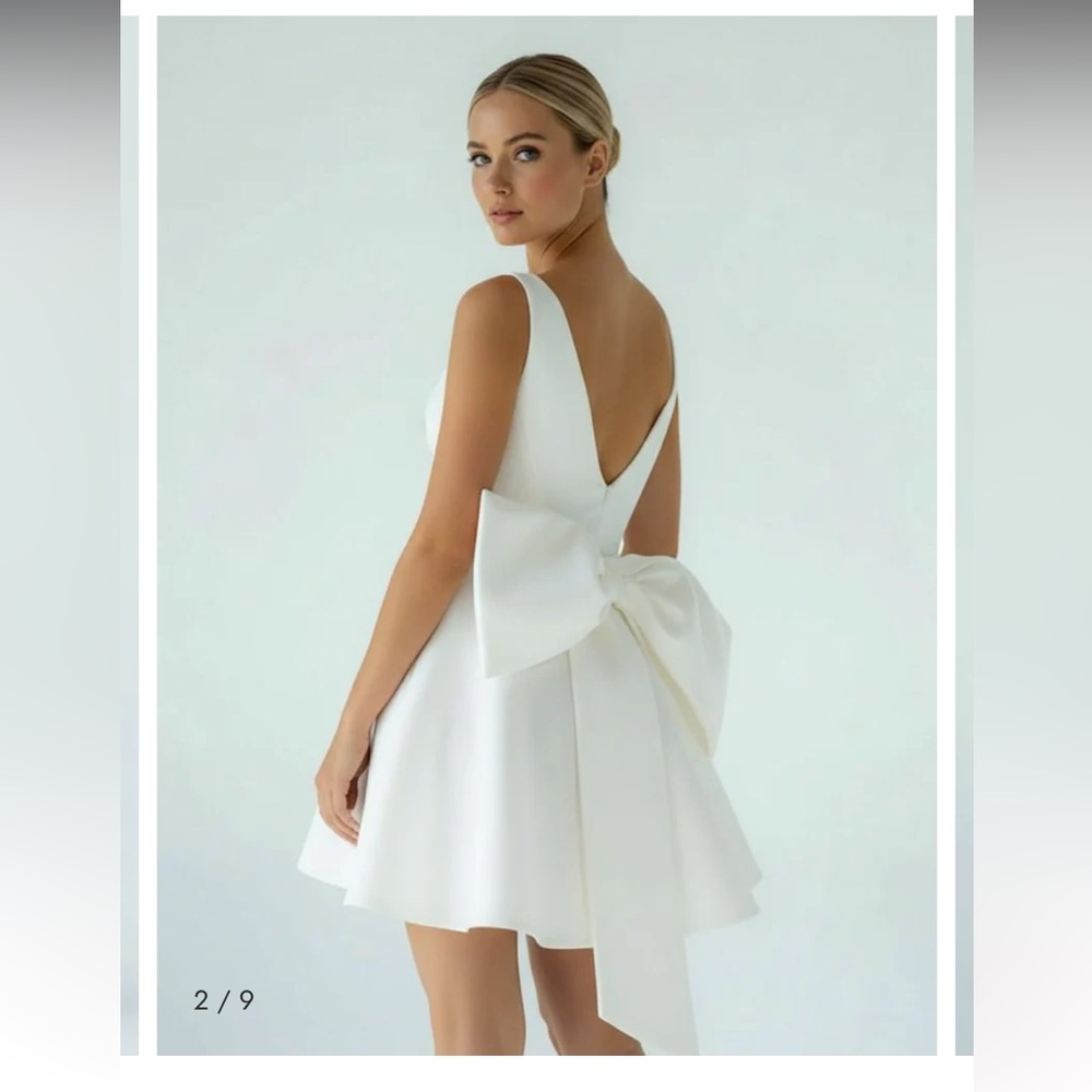 A-Line White Satin V-Neck Short White Dress with Bow